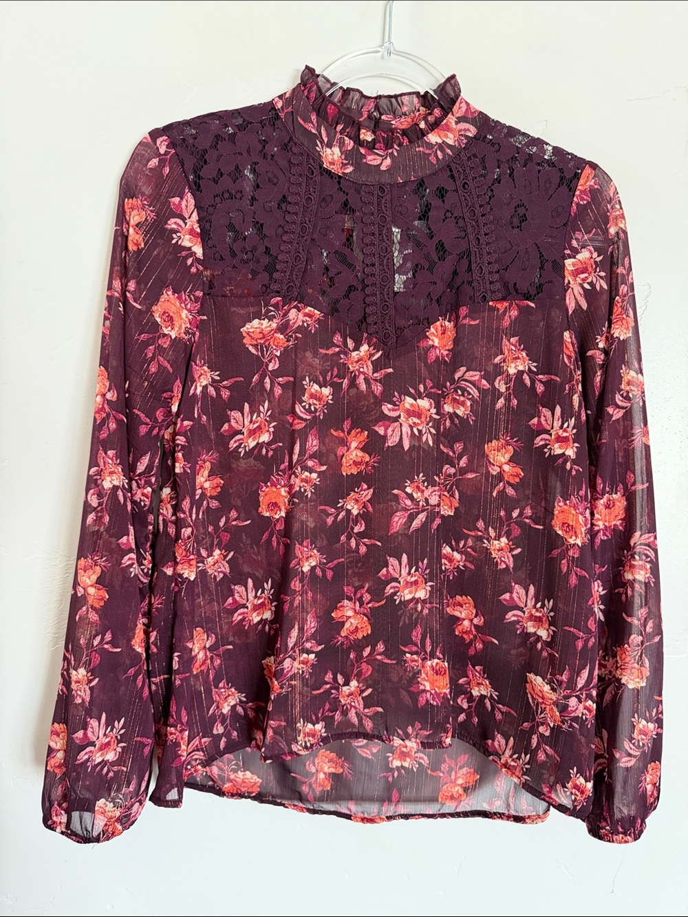 Belle Du Jour Burgundy Floral Lace Yoke Blouse